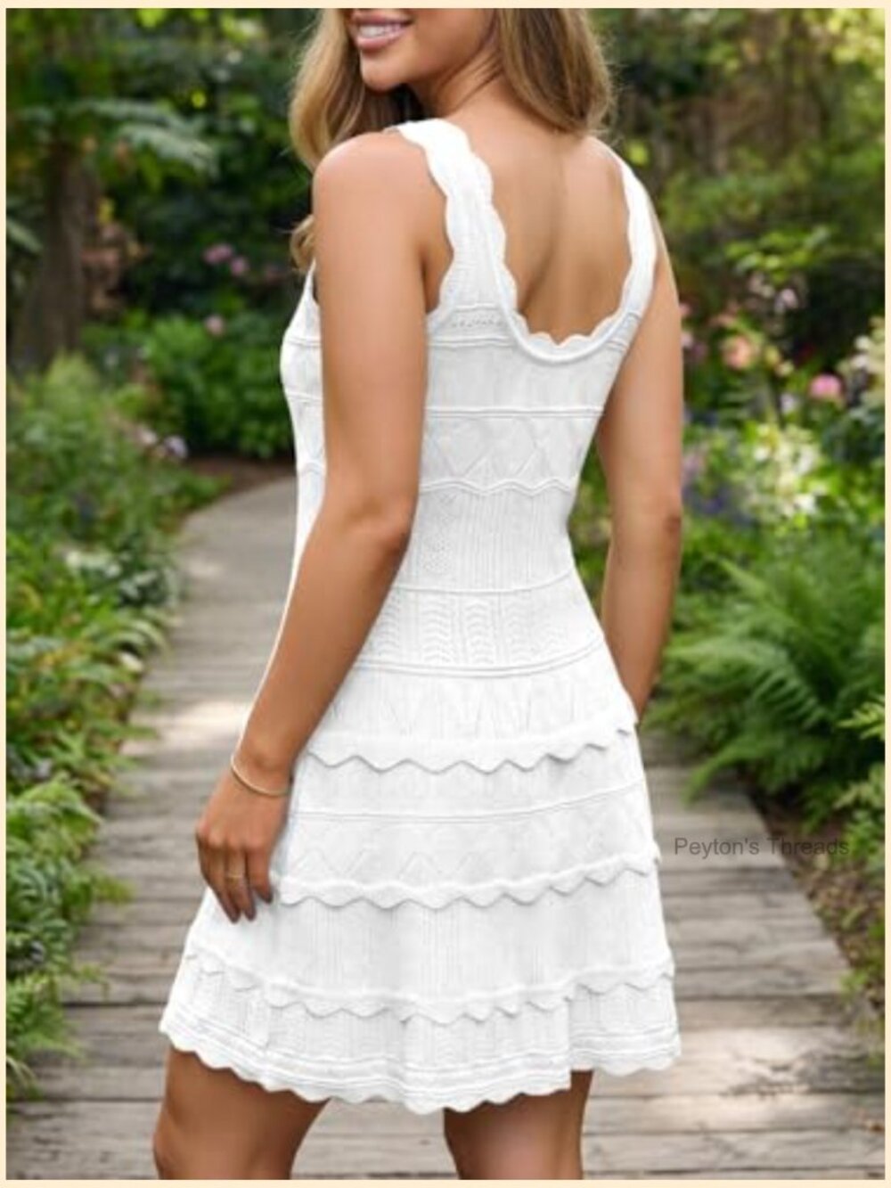 Sleeveless Ruffle Mini Dress Square Neck Crochet Knit A-Line Fit and Flare Tank - Picture 6 of 7